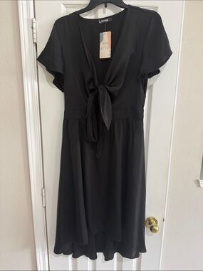 Black Tie-Front Midi Dress